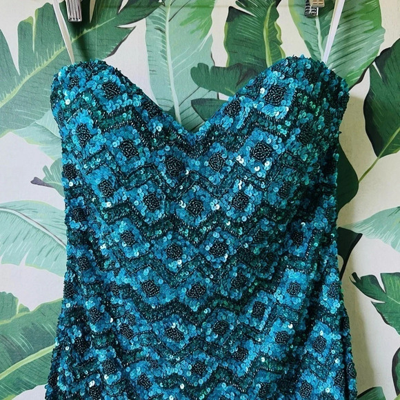 Renaissance Collection Hand Beaded Sequin Strapless Prom Dress Blue Green 6 - Picture 6 of 12
